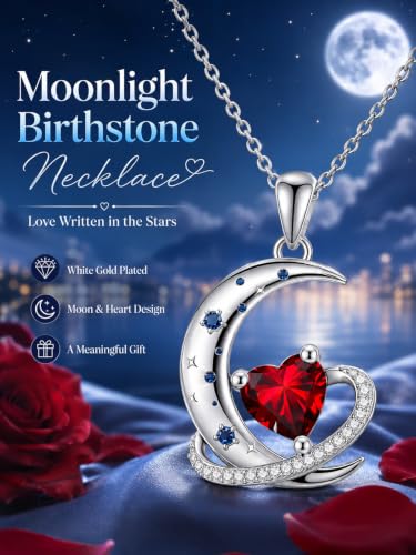 Birthstone Necklace for Women White Gold Moon and Star Pendant Moon Jewelry Anniversary Birthday Gifts for Mom Wife Her - color: 01. January - Garnet