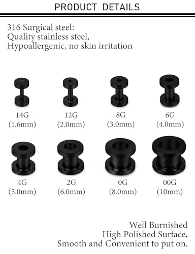 14G-00G Hollow Gauges Tunnels Stretching Kit 316L Surgical Steel Ear Gauges Plugs Earring Lobe flesh Tunnel Gauge Stretcher Silver Black Gold Color Tone - color: Black:14G-00G