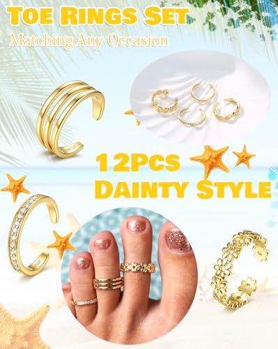 Sanfenly 12 Pcs Toe Rings for Women Non Tarnish Waterproof | 14K Gold Filled Dainty Thin Chunky Open Band Rings, Trendy Silver Plated Adjustable Toe Rings, Summer Beach Foot Jewelry Set - color: 14K Gold Plated