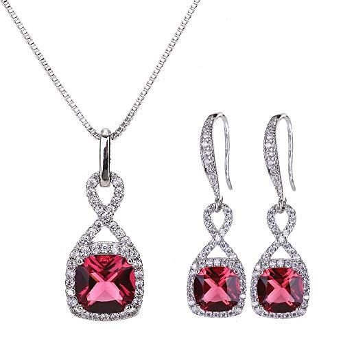AMYJANE Crystal Jewelry Set for Women - Sterling Silver Square Cubic Zirconia CZ Bridal Pendant Necklace Earrings Set for Wedding Bride Bridesmaids Birthstone Fashion Jewelry Set - color: Ruby
