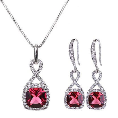 AMYJANE Crystal Jewelry Set for Women - Sterling Silver Square Cubic Zirconia CZ Bridal Pendant Necklace Earrings Set for Wedding Bride Bridesmaids Birthstone Fashion Jewelry Set - color: Ruby