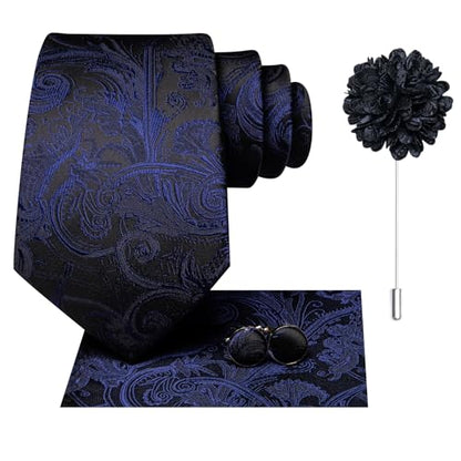 Hi-Tie Men's Silk Ties Formal Woven Classic Necktie Pocket Square Cufflinks Lapel Pin Set Wedding Business - color: A Navy Blue and Black