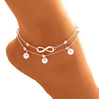 Jean Beau Infinity Beach Anklet bracelet for Women Teen Boho Waterproof Double Layered Dainty Beads Chain Charm Ankle Pearl dangling foot Jewelry Gift - color: Silver
