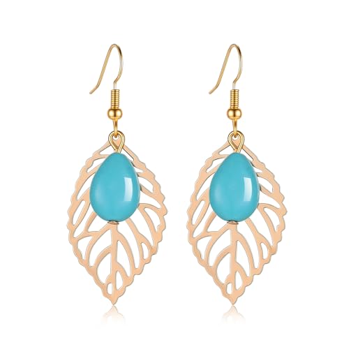Boho Turquoise Dangle Earrings For Women Trendy,Western Blue Gemstone Drop Earings,Vintage Gothic Ethnic Statement Beach Vacation Long Birthstone Earrings with Leaf Teardrop Turquoise Crystal Tassels,Fashion Jewelry Birthday Gift. - style: A4 Rose Gold Tu