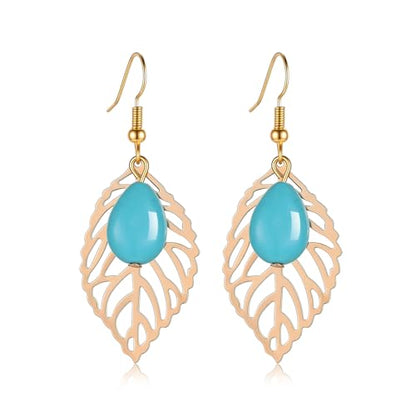 Boho Turquoise Dangle Earrings For Women Trendy,Western Blue Gemstone Drop Earings,Vintage Gothic Ethnic Statement Beach Vacation Long Birthstone Earrings with Leaf Teardrop Turquoise Crystal Tassels,Fashion Jewelry Birthday Gift. - style: A4 Rose Gold Tu
