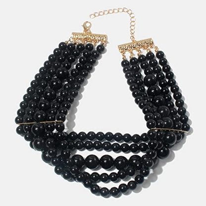 KOSMOS-LI Fashion Simulate Pearl Choker Necklace With Earrings Set - color: Black