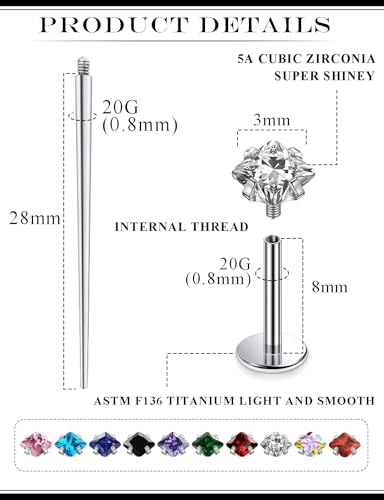 20G 18G 16G Astm F136 Titanium Internal Thread Flat Back Earrings Nose Studs Tragus Helix Conch Cartilage Lobe Earrings Medusa Labret Snake Bite Monroe Lip Ring Piercing Jewelry For Women Men - size: 20G-8MM Bar-CZ 3MM