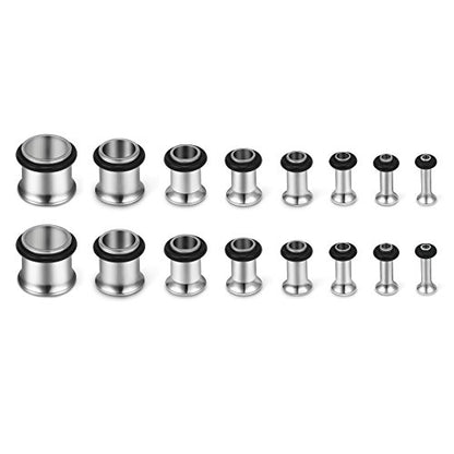 SCERRING 16PCS Ear Tunnels Stretching Kit Stainless Steel Gauge Plugs Set Single Flared Expanders 12G-00G (2mm-10mm) - color: 8Pairs - Silver