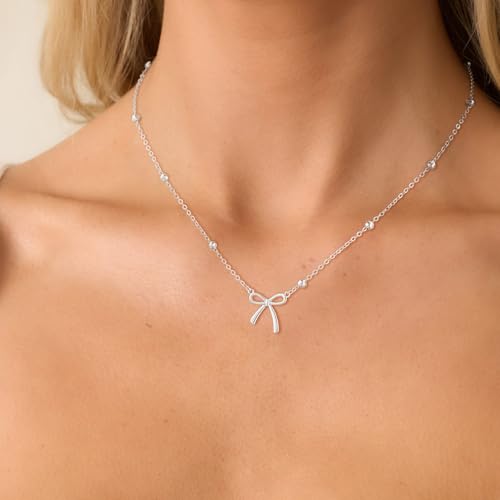 Thaivor Necklace for Women Dainty Bow Necklace 14K Gold Plated Cute Choker Small Pendant Charm Necklaces Teen Gift Trendy Stuff Personalized Jewelry Gifts - color: Silver-Bead-1