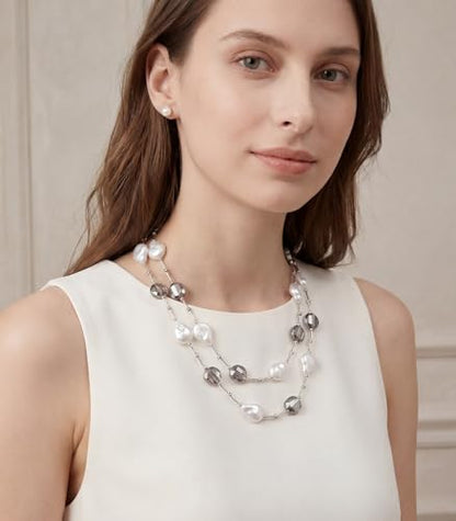Errally Long Pearl Necklace and Earring Set Layered Pearl Beaded Necklaces for Women White Costume Jewelry Sets Gifts for Mom - color: 14-Silver