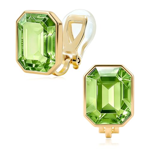 Octagon Austrian Crystal Non Pierced Clip On Earrings for Women | 14K Gold-Plated,Silicone Comfort Pad,Great for Unpierced Ears, Gift Box Included,Brighten Up Daily Outfits - color: Fern Green