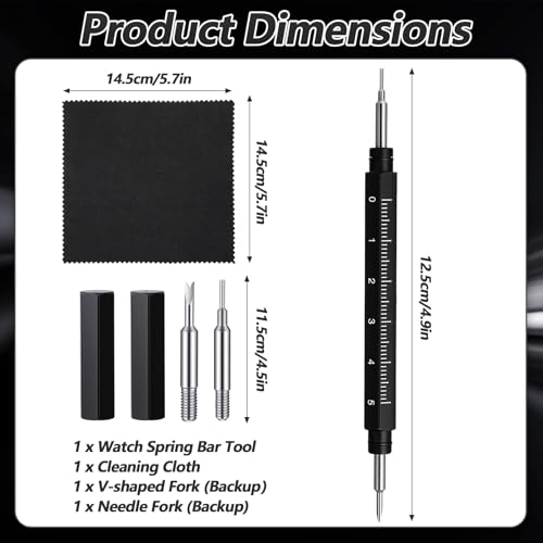 Watch Spring Bar Tool Kit, Premium Pin Removal Tool with Built-in Ruler for Watch Band Removal Installation, Jewelry Craft, Phone Card Insertion, with Caps, Replacement Fork & Cleaning Cloth
