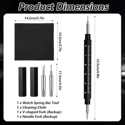 Watch Spring Bar Tool Kit, Premium Pin Removal Tool with Built-in Ruler for Watch Band Removal Installation, Jewelry Craft, Phone Card Insertion, with Caps, Replacement Fork & Cleaning Cloth