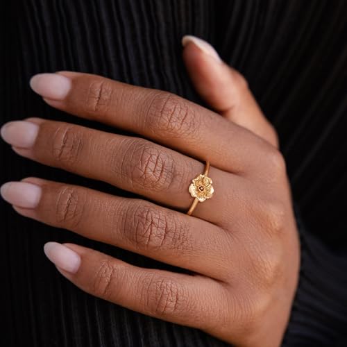 Birth Flower Stacking Ring for Women | 14K Gold Plated Brass, 12 Engraved Floral Motifs, Slim Stack-Ready Band, Available in US Sizes 5-9 - style: Aug.-Poppy