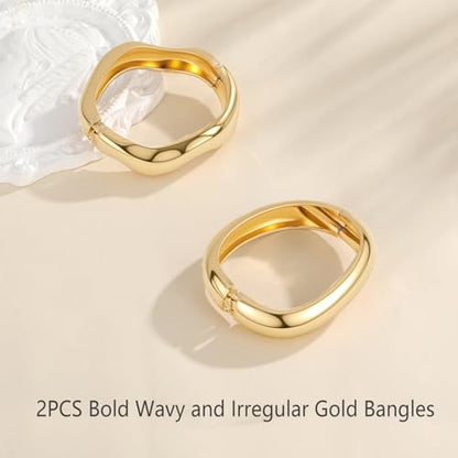 Emibele Gold Bangles for Women, 2PCS Irregular Chunky Gold Bracelet Hinged Open Bangle Bracelets for Women, Fashion Wide Arm Cuff Minimalist Chunky Jewelry Gifts for Valentine Christmas Birthday - style: F Gold