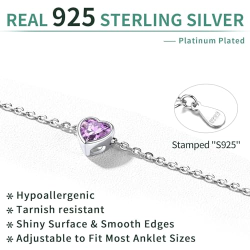 ChicSilver 925 Sterling Silver Anklets for Women, Simple Dainty Round/Heart Birthstone Ankle Bracelet Beach Foot Jewelry, 8.7-10.7 Inch Adjustable - color: 06. Heart - June(Alexandrite)