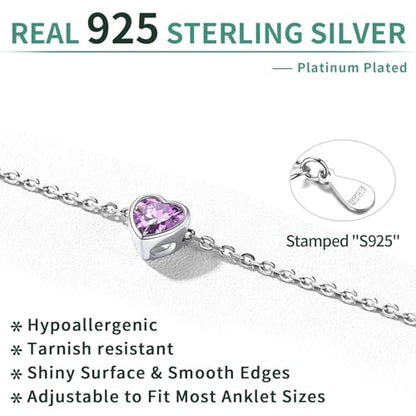 ChicSilver 925 Sterling Silver Anklets for Women, Simple Dainty Round/Heart Birthstone Ankle Bracelet Beach Foot Jewelry, 8.7-10.7 Inch Adjustable - color: 06. Heart - June(Alexandrite)