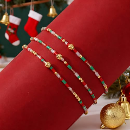 Colorful Gold Beaded Bracelets for Women Boho Tiny Gold Plated Ball Stretch Stackable Small Seed Beads Bracelet Stack Trendy Jewelry Set Dainty Vacation Friendship Christmas Gifts for Women - color: red green