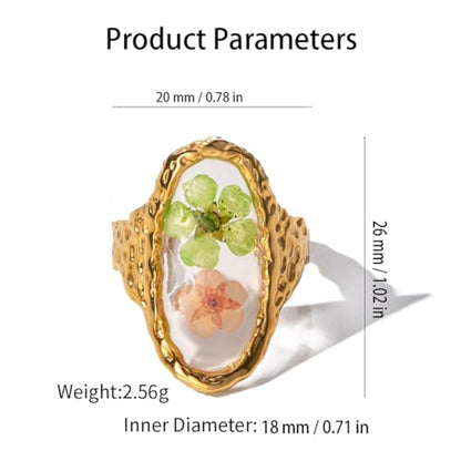 Hebelee Handmade Dried Flower Statement Ring for Women | Gold-Toned Stainless Steel,Adjustable,Pressed Blossom Forget-Me-Not Flowers Open Band Rings,Wedding Holiday Jewelry - color: Hammered Oval