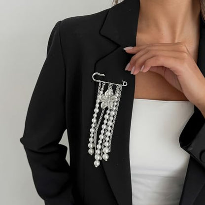 Gold Flower Pearl Tassel Brooch Pin for Women Elegant Pearl Chain Safety Pin Brooch Wedding Party Gift Dainty Elegant Lapel Pins Dress Suit Clothes Accessories - color: Silver