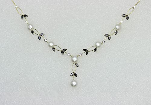 Faship Genuine Freshwater Pearls Floral Necklace Earrings Set | Premium CZ Crystal, Gorgeous, Sparkling - color: Black / Gold Plated
