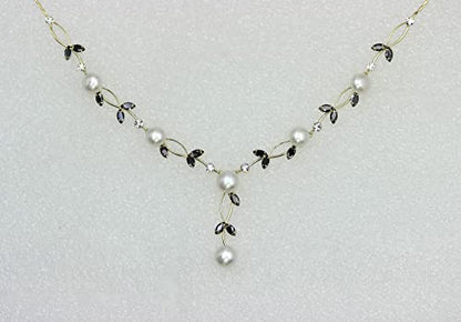 Faship Genuine Freshwater Pearls Floral Necklace Earrings Set | Premium CZ Crystal, Gorgeous, Sparkling - color: Black / Gold Plated