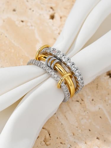 HERSIN Stackable Interlocked Rings for Women Non Tarnish, 18K Gold Plated Green Cubiz Zirconia Ring Chunky Rings Mixed Metal Multi Ring Dainty Stacking Rings Set Jewelry for Women Gifts