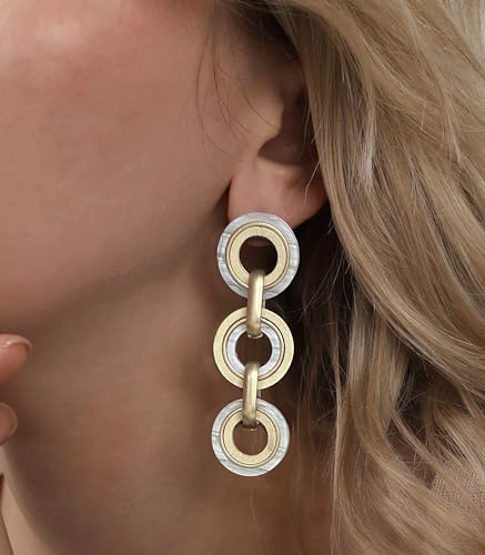 Ozel - Natural Wooden Acrylic Boho Drop Dangle Earrings for Women - Geometric Statement Jewellery - Brown, Black, Magent Red, Olive Green, White beige - color: 3Circle_White beige