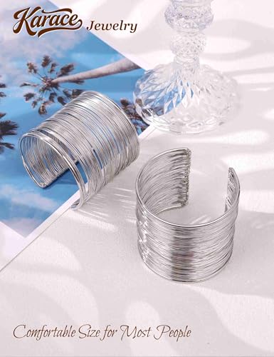 2 Pcs Gold Cuff Bangle Bracelet Set for Women Irregular Minimalist Statement Bangle Bracelets Wide Open Chunky Wire Bracelets Wrist Cuff Adjustable Hammered Bracelet - color: Silver D