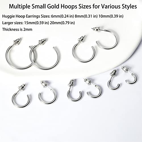 Minimalist Hoops for Women - 14K Gold Open Huggie Hoop Earrings, Hypoallergenic Tiny Hoops in Gold and Silver (Set of 1-5 Pairs) - color: Silver - 6mm/8mm/10mm/15mm/20mm