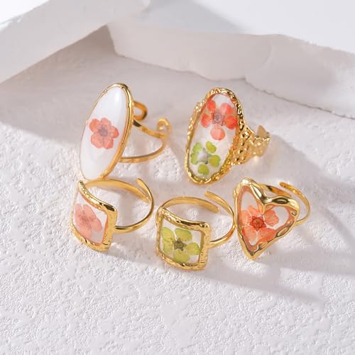 Hebelee Handmade Dried Flower Statement Ring for Women | Gold-Toned Stainless Steel,Adjustable,Pressed Blossom Forget-Me-Not Flowers Open Band Rings,Wedding Holiday Jewelry - color: Oval