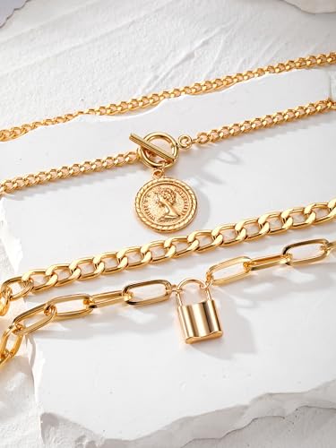 Gold Layered Necklaces for Women Chunky Stacked Necklaces for Women Trendy Retro Coin Pendant Necklace Womens Multilayer Chain Necklaces Fashion Jewelry Gifts - style: style 1