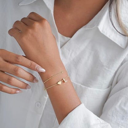 Gold Initial Bracelets for Women Trendy, Dainty Layered 14K Gold Plated Heart Letter Charm Bracelets, letter beads for name bracelets Jewelry Gifts - color: Gold-L