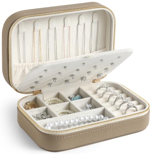 Genuine Leather Travel Jewelry Organizer Case for Women, Small Mini Portable Jewelry Box for Ring Earrings Necklace Bracelet Luxury Gift for Women Grey - color: Grey