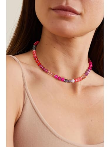 Joya Love Colorful Gemstone Beaded Necklaces For Women Trendy Rainbow Natural Stone Boho Handmade Stainless Steel Waterproof Strand Necklaces Jewelry For Women Gift - color: Dark Red