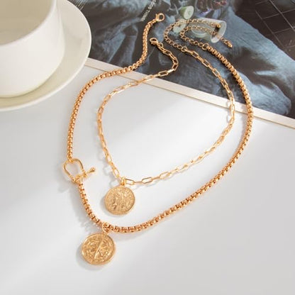 Gold Layered Necklace for Women Chunky Stacked Chain Link Paperclip Evil Eye Necklace Trendy Punk Jewelry - color: GoldA