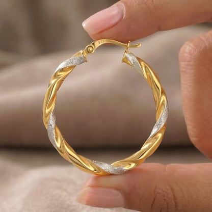 LeCalla Real 925 Sterling Silver Textured Two-Tone Three-Tone 14K Gold Plated Lightweight Italian Design Hoop Earrings for Women Diameter 25,30,40,45,50mm - color: Textured Medium-30mm