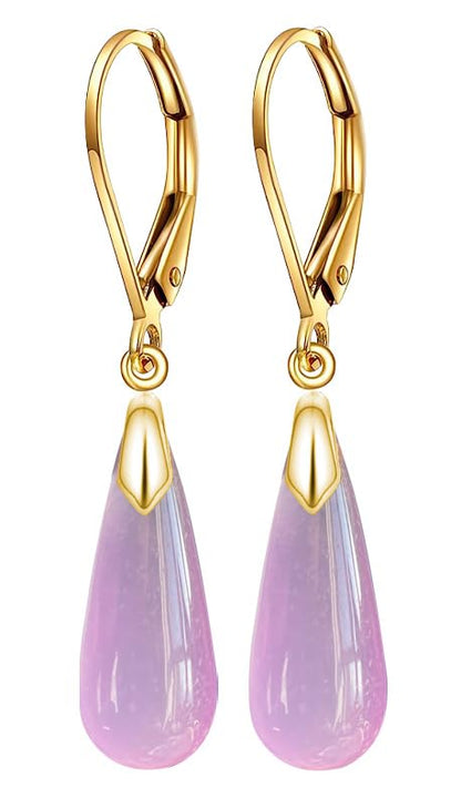Natural Waterdrop Stone Drop Earrings,Yellow Gold Plated Real Genuine Teardrop Crystal Quartz Gemstone Dangle Earrings for Women Her - color: B03_Amethyst