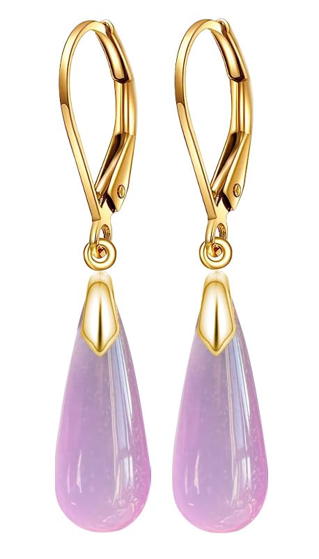 Natural Waterdrop Stone Drop Earrings,Yellow Gold Plated Real Genuine Teardrop Crystal Quartz Gemstone Dangle Earrings for Women Her - color: B03_Amethyst