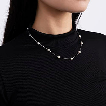 925 Sterling Silver Dainty Freshwater Cultured Pearl Choker Necklace White Genuine Real Pearl Charm Necklaces Jewelry Gifts for Her - color: Satellite Pearl 7-8mm AAAAA-Silver
