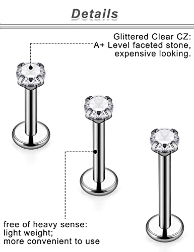 20G 18G 16G Titanium Flat Back Nose Rings Studs Hypoallergenic Lip Labret Monroe Medusa Internally threaded Tragus Cartilage Helix Earrings Studs Piercing Jewelry for Women Men 6mm 8mm 10mm - color: 18G -Flat Back With Screw on Tops+Clear CZ