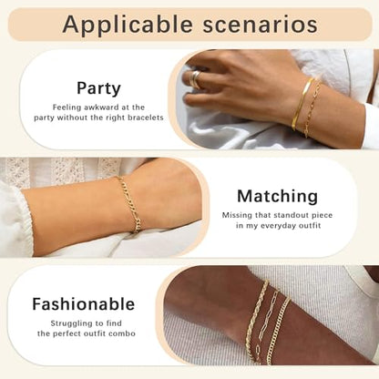 Women's 14K Gold Plated Bracelet Set, Thin Dainty Stackable Chain for Layering, Cuban Link & Paperclip Style Fashion Jewelry, Elegant Gift for Her
