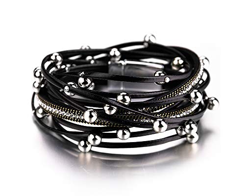 Fesciory Leather Wrap Bracelets for Women, Boho Western Layered Jewelry | Layered leather cuff bracelets, Easy on and off, Boho western style, Daily wear, Gift for women - color: Black 2