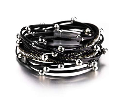 Fesciory Leather Wrap Bracelets for Women, Boho Western Layered Jewelry | Layered leather cuff bracelets, Easy on and off, Boho western style, Daily wear, Gift for women - color: Black 2