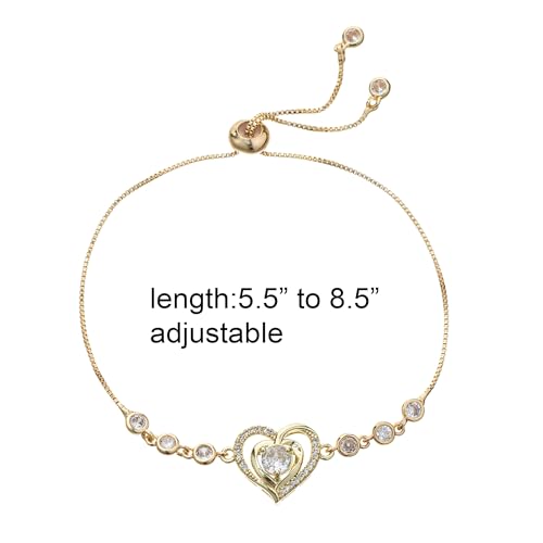 14K White Gold Plated Heart Bracelet for Women, Zircon Inlay Love Heart Charm Chain Bracelet Bangle with Adjustable Length - color: gold-white