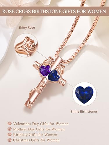 Rose Gold Cross Necklace with 2 Birthstones and Rose | Cross with Birthstone Necklace, Hypoallergenic, Adjustable Rolo Chain, Birthday Gifts, Catholic Christian Religious Jewelry - color: 02-09-Feb-Sept Birthstone