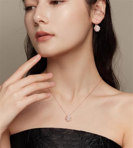 Rose Flower Jewelry Sets for Women Dainty Blooming Filigree Flower Austrian Crystal Choker Necklace Earring Set for Wedding Valentine Fashion Jewelry for Brides Bridesmai - color: Rose Gold