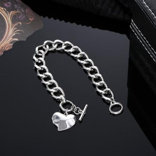 Heart Bracelet for Women, Chunky Silver Chain Clasp Charms Stainless Steel Link Buckle Statement Jewelry Accessories Gifts - color: Silver OT Heart