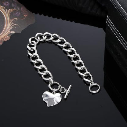 Heart Bracelet for Women, Chunky Silver Chain Clasp Charms Stainless Steel Link Buckle Statement Jewelry Accessories Gifts - color: Silver OT Heart