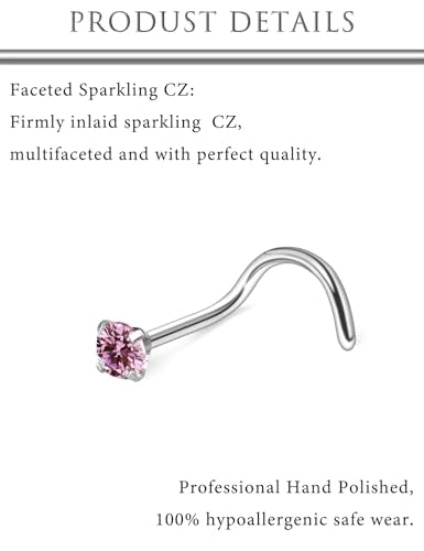 Hoeudjo Hypoallergenic Nose Rings Studs 24G Surgical Stainless Steel Cubic Zirconia Nose Studs for Women Men Screw & Bone & L Shaped Nostril Piercing Jewelry with 1.5mm 2mm 2.5mm 3mm CZ - color: silvertone(pink CZ),screw nose studs